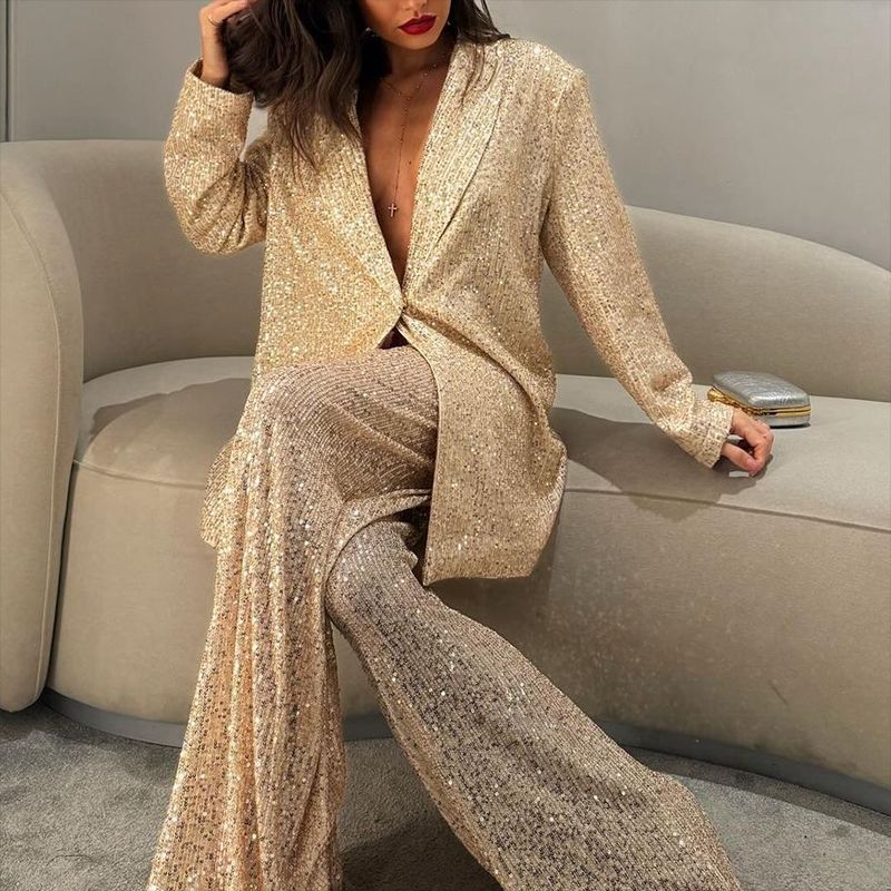 Fashionable Casual Women's Sequin Blazer and Trousers Set – Elegant Style with Sequined Top and Pants