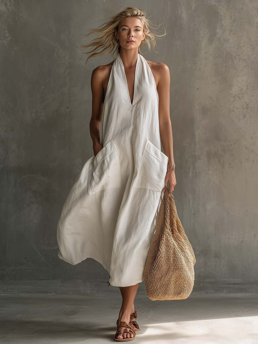 Summer sleeveless dress for women – European and American style halter neck V-neck backless fashion dress with pockets-White