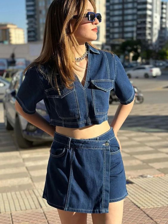 Workwear Denim Skort Set for Women – Summer V-Neck Short-Sleeve Top, High-Waist Asymmetric Style