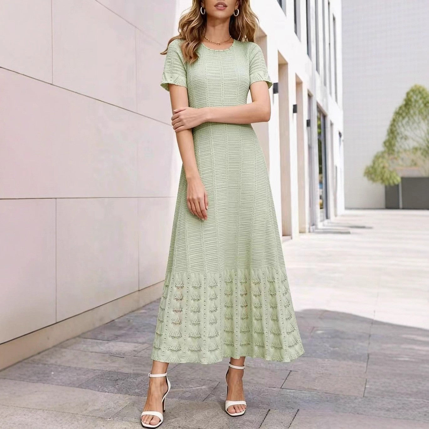 Cross-Border Round Neck Beaded Knit Dress Short Sleeve Hollow Out Waist-Cinching Slimming Long Dress